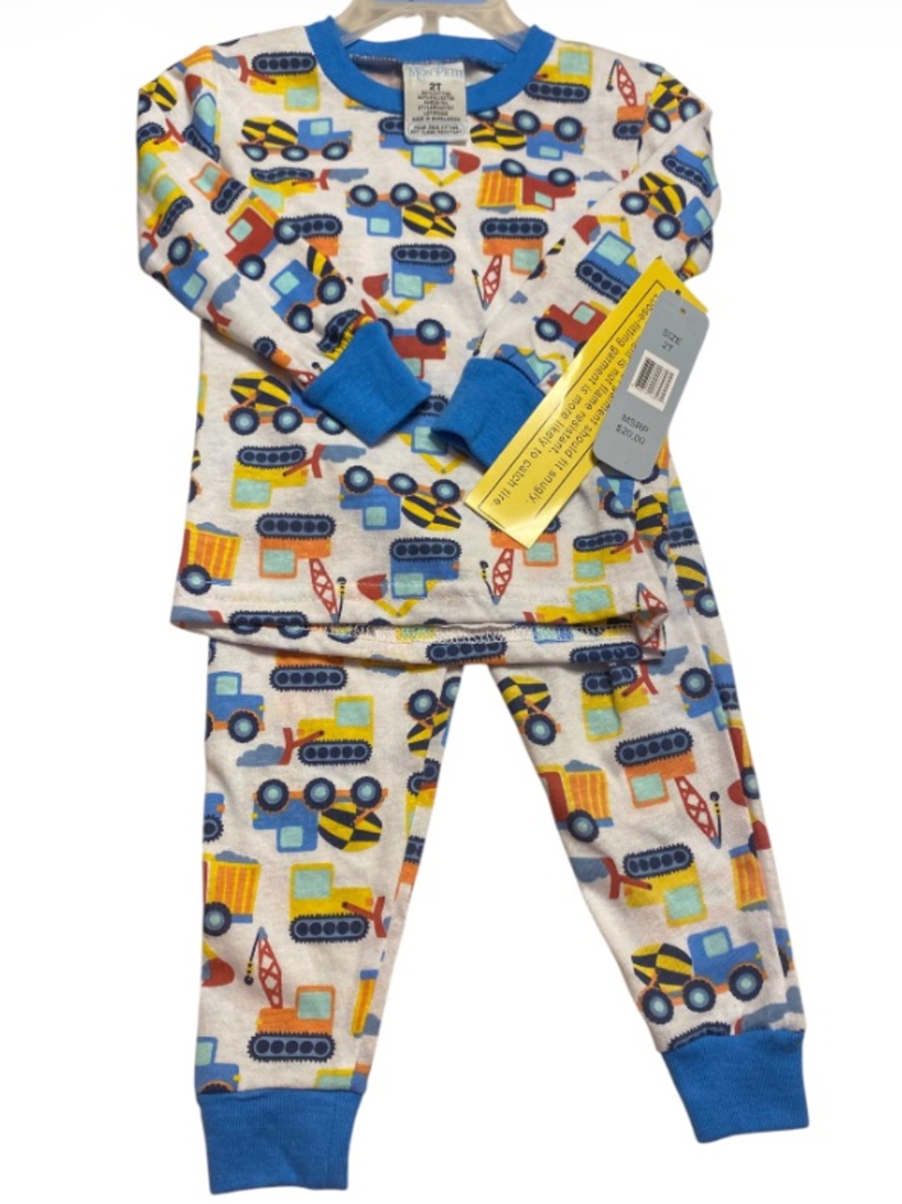 Mon Petit Construction Trucks Blue-Accent Long Sleeve Pajama Set NWT Size 2T